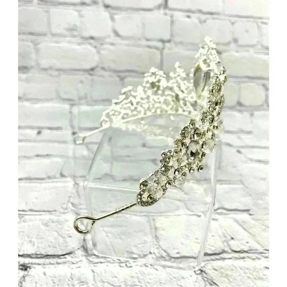 Clear Rhinestone Silver Tone Metal Tiara Crown Pearl Beaded Floral - Picture 12 of 16